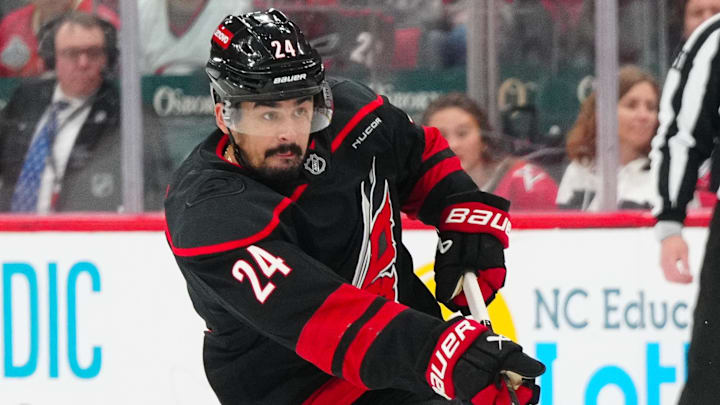 Carolina Hurricanes center Seth Jarvis watches his shot against the Washington Capitals.