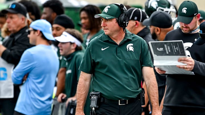 Michigan State's head coach Jonathan Smith looks on from the sideline during the second quarter in the game against Youngstown State on Saturday, Sept. 13, 2025, at Spartan Stadium in East Lansing.