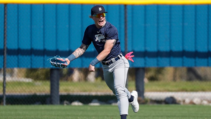 Detroit Tigers outfielder prospect Max Clark works out during spring training at TigerTown in Lakeland, Fla. on Thursday, Feb. 22, 2024.