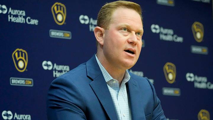 Senior Vice President and General Manager Matt Arnold speaks during an an end of season press conference at American Family Field in Milwaukee, October 10, 2023.