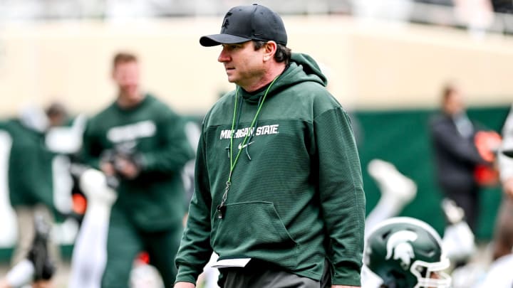 Michigan State head coach Jonathan Smith looks on during the Spring Showcase on Saturday, April 20, 2024, at Spartan Stadium in East Lansing. Michigan State head coach Jonathan Smith looks on during the Spring Showcase on Saturday, April 20, 2024, at Spartan Stadium in East Lansing.