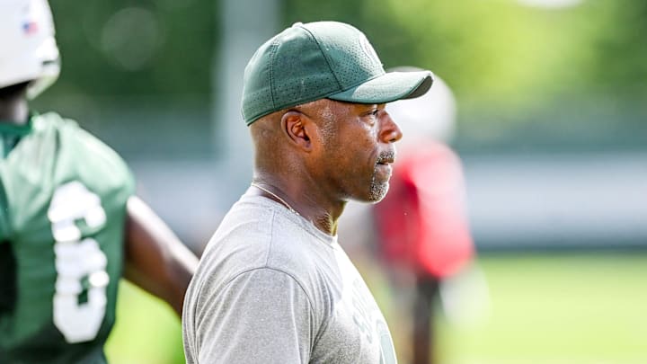 Michigan State's wide receivers coach Courtney Hawkins looks on during the first day of football camp on Tuesday, July 30, 2024, in East Lansing. Michigan State's wide receivers coach Courtney Hawkins looks on during the first day of football camp on Tuesday, July 30, 2024, in East Lansing.