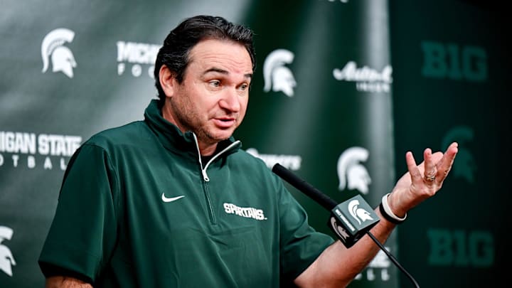 Michigan State coach Jonathan Smith talks the media on the first national signing day for college football recruits Wednesday, Dec. 4, 2024, at Spartan Stadium in East Lansing.