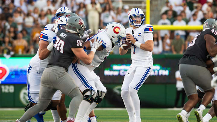 Colorado State's Jackson Brousseau drops back to pass during the State pride game against Washington State at Canvas Stadium in Fort Collins, Colo., on Sept. 27, 2025.