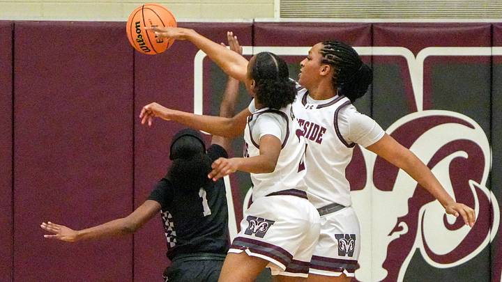 Westside High School center Khalia Hartwell (24) blocks a shot attempt by Fountain Inn High guard La'Merria Fowler (1) during the first quarter at William Roberts Gym at Westside High in Anderson, SC Friday, Feb 6, 2026. Westside High School center Khalia Hartwell (24) blocks a shot attempt by Fountain Inn High guard La'Merria Fowler (1) during the first quarter at William Roberts Gym at Westside High in Anderson, SC Friday, Feb 6, 2026.