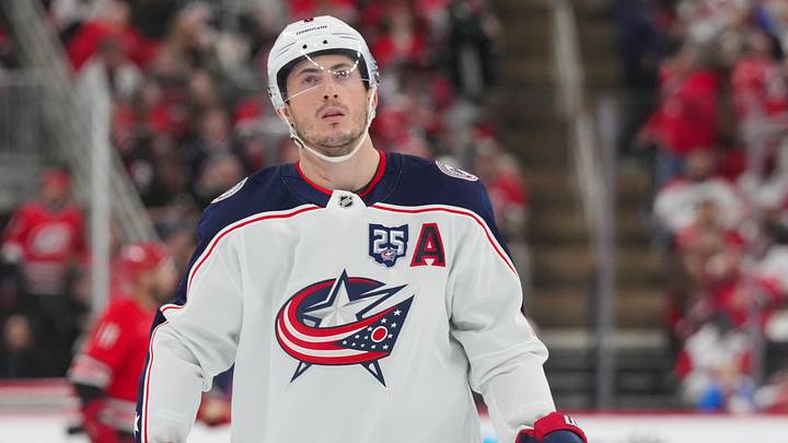 Dec 9, 2025; Raleigh, North Carolina, USA;  Columbus Blue Jackets defenseman Zach Werenski (8) looks up against the Carolina Hurricanes during the second period at Lenovo Center. Mandatory Credit: James Guillory-Imagn Images
