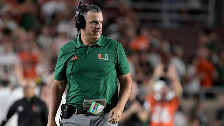 Oct 4, 2025; Tallahassee, Florida, USA; Miami Hurricanes head coach Mario Cristobal during the second half against the Florida State Seminoles at Doak S. Campbell Stadium. Mandatory Credit: Melina Myers-Imagn Images