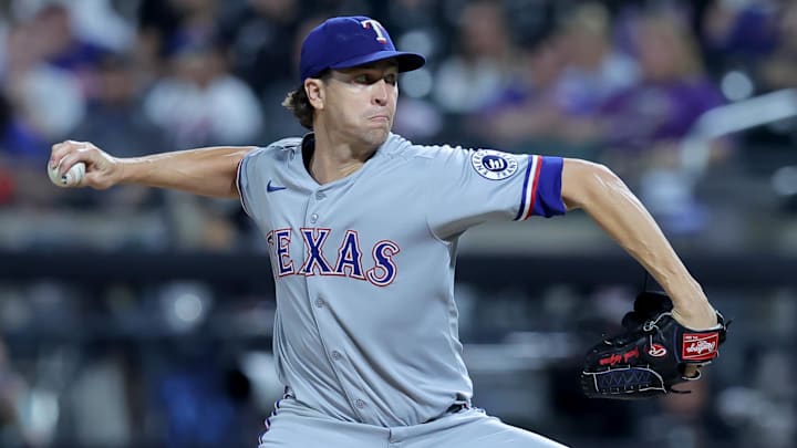 Sep 12, 2025; New York City, New York, USA; Texas Rangers starting pitcher Jacob deGrom (48) pitches against the New York Mets during the seventh inning at Citi Field. Mandatory Credit: Brad Penner-Imagn Images