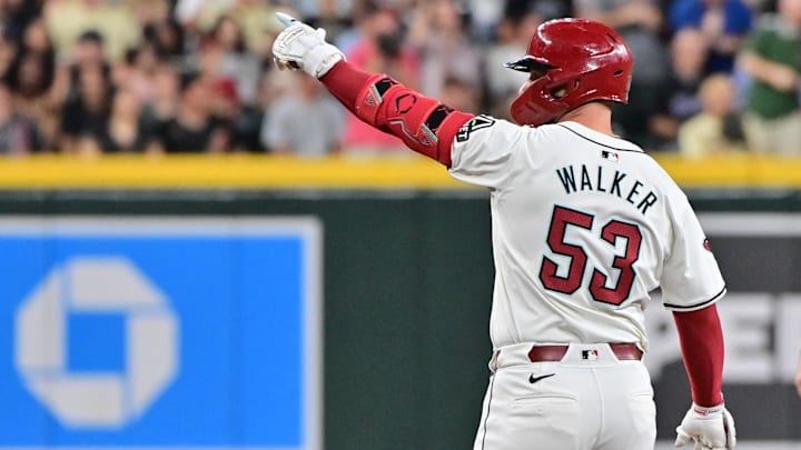 Sep 25, 2024; Phoenix, Arizona, USA; Arizona Diamondbacks first base Christian Walker (53) celebrates a double in the second inning against the San Francisco Giants at Chase Field.