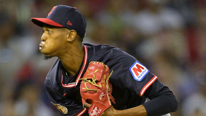 Apr 5, 2025; Anaheim, California, USA;Cleveland Guardians relief pitcher Triston McKenzie (24) delivers to the plate in the fifth inning against the Los Angeles Angels at Angel Stadium. Mandatory Credit: Jayne Kamin-Oncea-Imagn Images