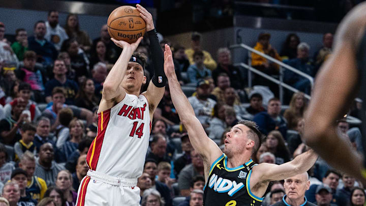 Apr 7, 2024; Indianapolis, Indiana, USA; Miami Heat guard Tyler Herro (14) shoots the ball; Credit: Trevor Ruszkowski-USA TODAY Sports Apr 7, 2024; Indianapolis, Indiana, USA; Miami Heat guard Tyler Herro (14) shoots the ball; Credit: Trevor Ruszkowski-USA TODAY Sports