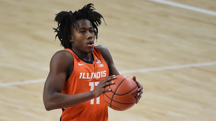 Feb 12, 2021; Lincoln, Nebraska, USA;  Illinois Fighting Illini guard Ayo Dosunmu (11) attempts a free throw against the Nebraska Cornhuskers in the first half at Pinnacle Bank Arena.