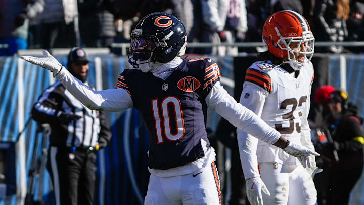 Dec 14, 2025; Chicago, Illinois, USA; Chicago Bears wide receiver Luther Burden III (10) celebrates after a first down during the first quarter against the Cleveland Browns at Soldier Field. Mandatory Credit: David Banks-Imagn Images