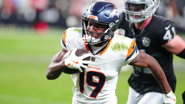 Nov 24, 2024; Paradise, Nevada, USA; Denver Broncos wide receiver Marvin Mims Jr. (19) gains yardage against the Las Vegas Raiders during the fourth quarter at Allegiant Stadium. 