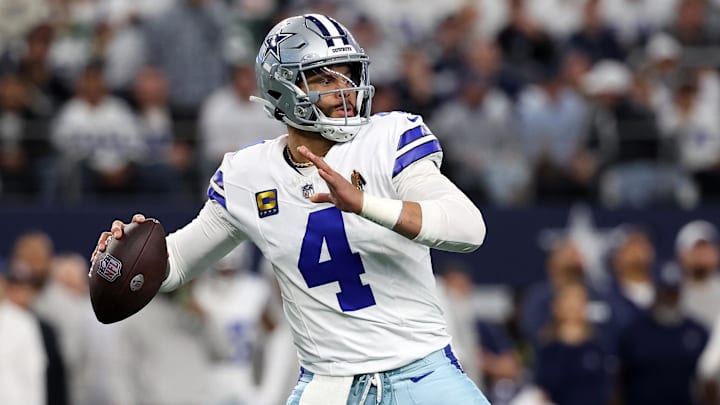Jan 14, 2024; Arlington, Texas, USA; Dallas Cowboys quarterback Dak Prescott (4) drops back to pass