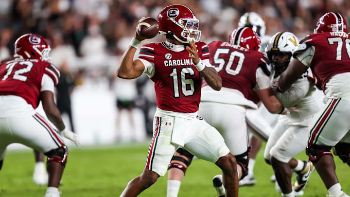 Sep 13, 2025; Columbia, South Carolina, USA; South Carolina Gamecocks quarterback LaNorris Sellers (16) passes on the play he was injured against the Vanderbilt Commodores in the second quarter at Williams-Brice Stadium. Mandatory Credit: Jeff Blake-Imagn Images