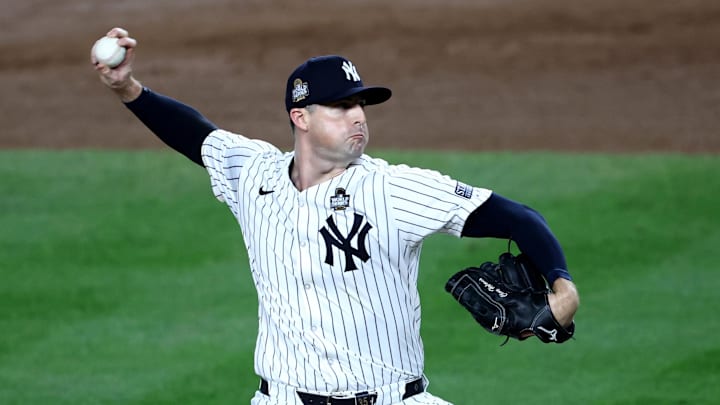Oct 30, 2024; New York, New York, USA; New York Yankees pitcher Clay Holmes (35) throws during the seventh inning against the Los Angeles Dodgers in game five of the 2024 MLB World Series at Yankee Stadium.