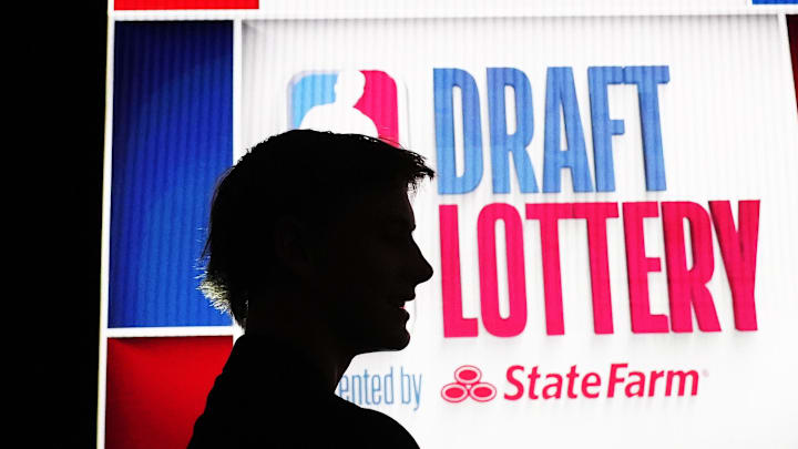 May 12, 2024; Chicago, IL, USA; Kansas’ Johnny Furphy NBA  at the Draft Lottery at McCormick Place West. Mandatory Credit: David Banks-Imagn Images