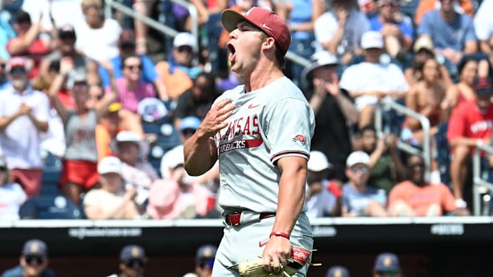 Jun 16, 2025; Omaha, Neb, USA; Arkansas Razorbacks starting pitcher Gage Wood (14) celebrates at the end of the eighth inning against the Murray State Racers at Charles Schwab Field. Mandatory Credit: Steven Branscombe-Imagn Images