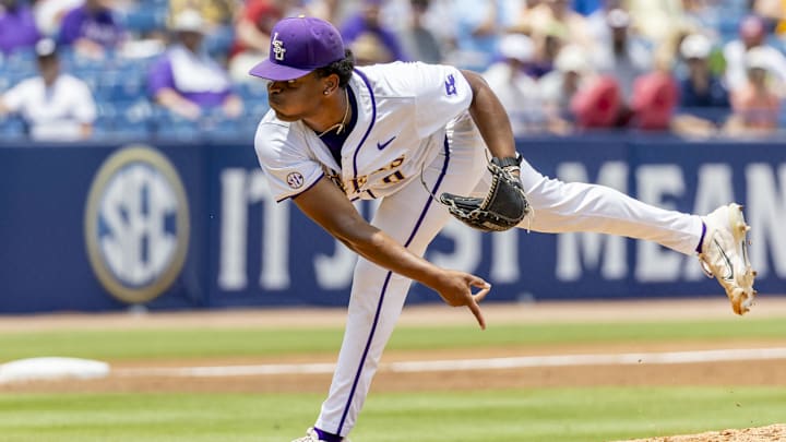 May 25, 2024; Hoover, AL, USA; LSU Tigers pitcher Aiden Moffett (0) pitches against the South Carolina Gamecocks during the SEC Baseball Tournament at Hoover Metropolitan Stadium. Mandatory Credit: Vasha Hunt-USA TODAY Sports