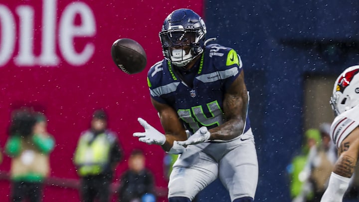 Nov 24, 2024; Seattle, Washington, USA; Seattle Seahawks wide receiver DK Metcalf (14) catches a pass against the Arizona Cardinals during the fourth quarter at Lumen Field. Mandatory Credit: Joe Nicholson-Imagn Images