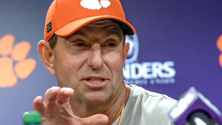 Clemson head coach Dabo Swinney during the first football practice at the Allen N. Reeves Football Complex at Clemson University in Clemson, S.C. Friday, February 28, 2025.