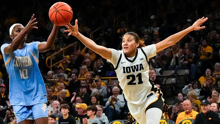 Iowa guard Emely Rodriguez (21) attempts to intercept an inbounds pass to Southern guard Demonnie Lagway (10) Nov. 3, 2025 during a women’s college basketball game at Carver-Hawkeye Arena in Iowa City, Iowa.