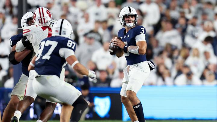 Penn State Nittany Lions quarterback Rocco Becht (3) looks to throw a pass against the Wisconsin Badgers at Beaver Stadium. Penn State Nittany Lions quarterback Rocco Becht (3) looks to throw a pass against the Wisconsin Badgers at Beaver Stadium.
