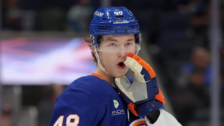 Mar 28, 2026; Elmont, New York, USA; New York Islanders defenseman Matthew Schaefer (48) talks to a teammate during the third period against the Florida Panthers at UBS Arena. Mandatory Credit: Brad Penner-Imagn Images Mar 28, 2026; Elmont, New York, USA; New York Islanders defenseman Matthew Schaefer (48) talks to a teammate during the third period against the Florida Panthers at UBS Arena. Mandatory Credit: Brad Penner-Imagn Images