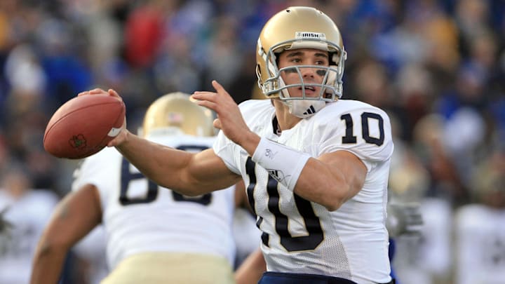 Nov. 11, 2006; Colorado Springs, CO, USA; Notre Dame Fighting Irish quarterback (10) Brady Quinn throws the ball in the third quarter against the Air Force Falcons at Falcon Stadium. Nov. 11, 2006; Colorado Springs, CO, USA; Notre Dame Fighting Irish quarterback (10) Brady Quinn throws the ball in the third quarter against the Air Force Falcons at Falcon Stadium.