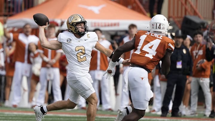 Vanderbilt Commodores quarterback Diego Pavia throws a pass during the first half against the Texas Longhorns at Darrell K Royal-Texas Memorial Stadium. Vanderbilt Commodores quarterback Diego Pavia throws a pass during the first half against the Texas Longhorns at Darrell K Royal-Texas Memorial Stadium.