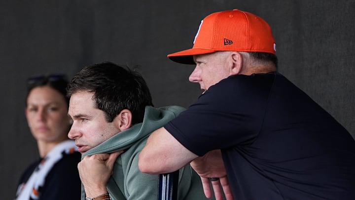Detroit Tigers president of baseball operation Scott Harris, left, and manager A.J. Hinch watch pitching practice during spring training at TigerTown in Lakeland, Fla. on Sunday, Feb. 16, 2025.