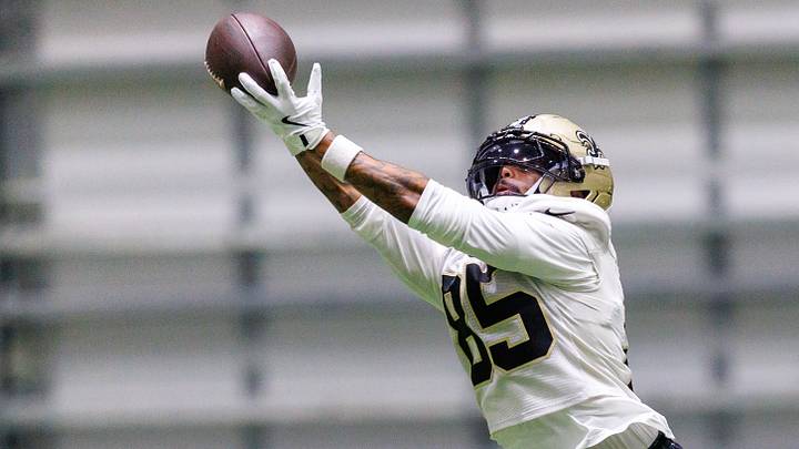 Aug 02, 2026; Metairie, LA, USA; New Orleans Saints wide receiver Jalen Moreno-Cropper (85) during training camp at Ochsner Sports Performance Center. Mandatory Credit: Stephen Lew-Imagn Images