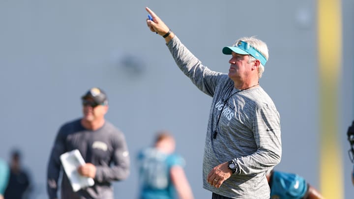 Jul 26, 2023; Jacksonville, FL, USA;  Jacksonville Jaguars head coach Doug Pederson leads training
