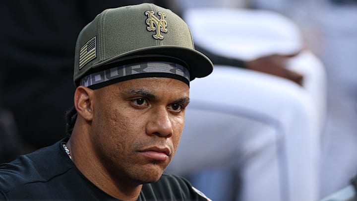 May 15, 2026; New York City, New York, USA; New York Mets left fielder Juan Soto (22) in the dug out before the game against the New York Yankees at Citi Field. Mandatory Credit: Vincent Carchietta-Imagn Images May 15, 2026; New York City, New York, USA; New York Mets left fielder Juan Soto (22) in the dug out before the game against the New York Yankees at Citi Field. Mandatory Credit: Vincent Carchietta-Imagn Images
