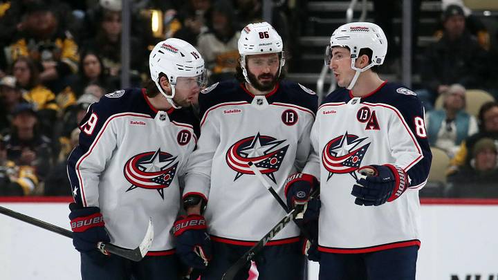 Jan 7, 2025; Pittsburgh, Pennsylvania, USA; Columbus Blue Jackets center Adam Fantilli (19) and right wing Kirill Marchenko (86) and defenseman Zach Werenski (8) talk before the start of the overtime period against the Pittsburgh Penguins at PPG Paints Arena. Mandatory Credit: Charles LeClaire-Imagn Images Jan 7, 2025; Pittsburgh, Pennsylvania, USA; Columbus Blue Jackets center Adam Fantilli (19) and right wing Kirill Marchenko (86) and defenseman Zach Werenski (8) talk before the start of the overtime period against the Pittsburgh Penguins at PPG Paints Arena. Mandatory Credit: Charles LeClaire-Imagn Images