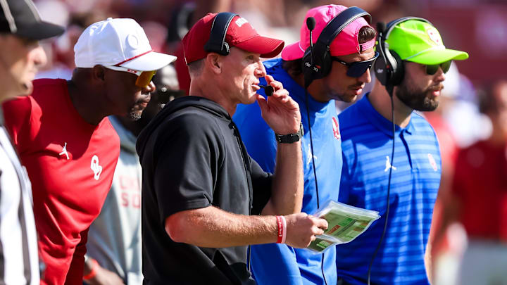 Oklahoma head coach Brent Venables directs his team against the South Carolina Gamecocks in the second half at Williams-Brice Stadium. Oklahoma head coach Brent Venables directs his team against the South Carolina Gamecocks in the second half at Williams-Brice Stadium.