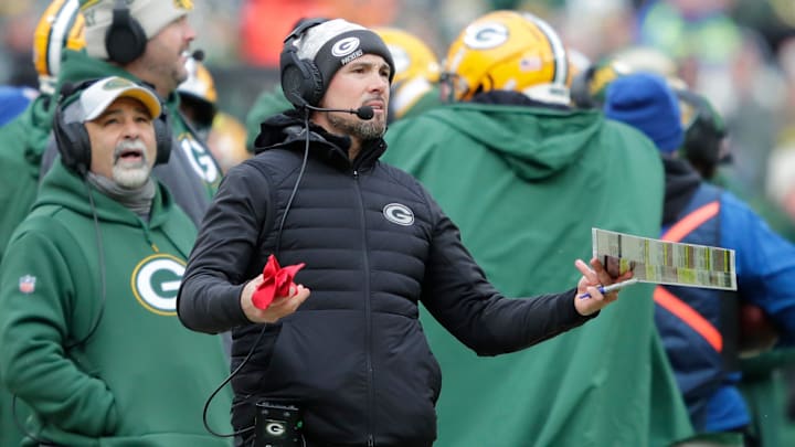 Green Bay Packers coach Matt LaFleur questions a call by the officials during the game against the Chicago Bears on Sunday, January 5, 2025, at Lambeau Field in Green Bay, Wisconsin.