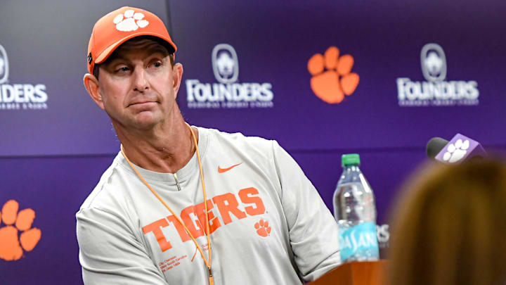 Clemson football head coach Dabo Swinney talks with media before the first football practice at the Allen N. Reeves Football Complex at Clemson University in Clemson, S.C. Friday, February 28, 2025.