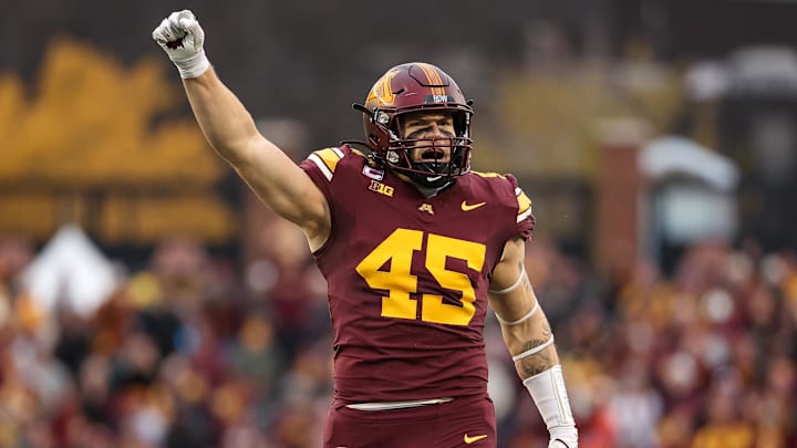 Nov 23, 2024; Minneapolis, Minnesota, USA; Minnesota Golden Gophers linebacker Cody Lindenberg (45) celebrates during the second quarter against the Penn State Nittany Lions at Huntington Bank Stadium. Nov 23, 2024; Minneapolis, Minnesota, USA; Minnesota Golden Gophers linebacker Cody Lindenberg (45) celebrates during the second quarter against the Penn State Nittany Lions at Huntington Bank Stadium.