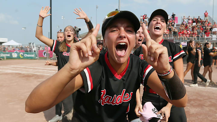 Williamsburg softball team celebrates after winning over Davenport Assumption in the 3A Iowa high school state softball tournament championship at Rogers Sports complex on Friday, July 26, 2024, in Fort Dodge, Iowa.