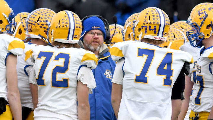 Marion Local coach Tim Goodwin talks to players during a first-quarter timeout against Hillsdale in the Division VII state finals, Friday, Dec. 6, 2024, in Canton.