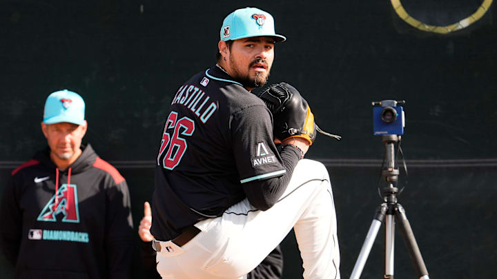 Arizona Diamondbacks pitcher Jose Castillo throws in the bullpen during spring training practice at Salt River Fields at Talking Stick in Phoenix on Feb. 13, 2025. Arizona Diamondbacks pitcher Jose Castillo throws in the bullpen during spring training practice at Salt River Fields at Talking Stick in Phoenix on Feb. 13, 2025.