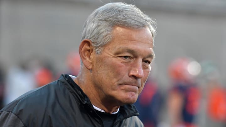 Oct 8, 2022; Champaign, Illinois, USA;  Iowa Hawkeyes head coach Kirk Ferentz on the sidelines against the Illinois Fighting Illini at Memorial Stadium. Mandatory Credit: Ron Johnson-Imagn Images
