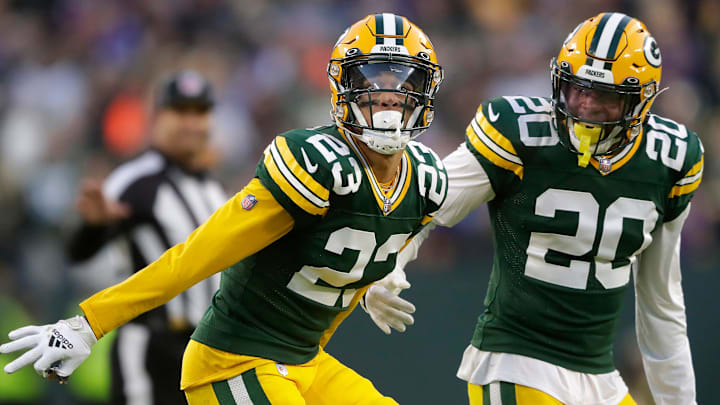 Green Bay Packers defensive backs Jaire Alexander and Rudy Ford celebrate after breaking up a pass. Green Bay Packers defensive backs Jaire Alexander and Rudy Ford celebrate after breaking up a pass.