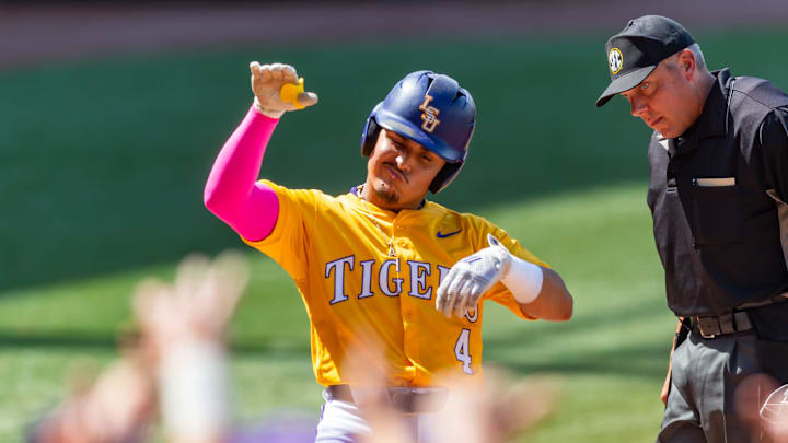 Tigers shortstop Steven Milam 4 homerun as the LSU Tigers take on the Arkansas Razorbacks. Sunday, May 11, 2025. Tigers shortstop Steven Milam 4 homerun as the LSU Tigers take on the Arkansas Razorbacks. Sunday, May 11, 2025.