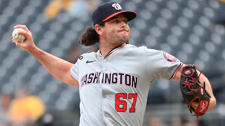 Sep 7, 2024; Pittsburgh, Pennsylvania, USA; Washington Nationals closer Kyle Finnegan (67) pitches to the Pittsburgh Pirates during the ninth inning to earn a save at PNC Park.