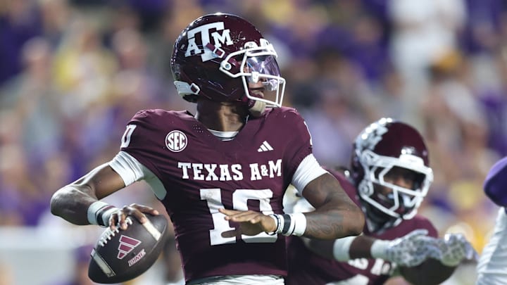 Oct 25, 2025; Baton Rouge, Louisiana, USA; Texas A&M Aggies quarterback Marcel Reed (10) drops to throw during the first half against the Louisiana State Tigers at Tiger Stadium. Mandatory Credit: Stephen Lew-Imagn Images Oct 25, 2025; Baton Rouge, Louisiana, USA; Texas A&M Aggies quarterback Marcel Reed (10) drops to throw during the first half against the Louisiana State Tigers at Tiger Stadium. Mandatory Credit: Stephen Lew-Imagn Images
