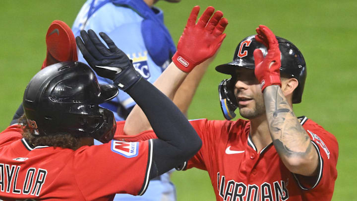 Sep 11, 2025; Cleveland, Ohio, USA; Cleveland Guardians right fielder CJ Kayfus (63) celebrates his two-run home run with catcher Bo Naylor (23) in the eighth inning against the Kansas City Royals at Progressive Field. Mandatory Credit: David Richard-Imagn Images Sep 11, 2025; Cleveland, Ohio, USA; Cleveland Guardians right fielder CJ Kayfus (63) celebrates his two-run home run with catcher Bo Naylor (23) in the eighth inning against the Kansas City Royals at Progressive Field. Mandatory Credit: David Richard-Imagn Images