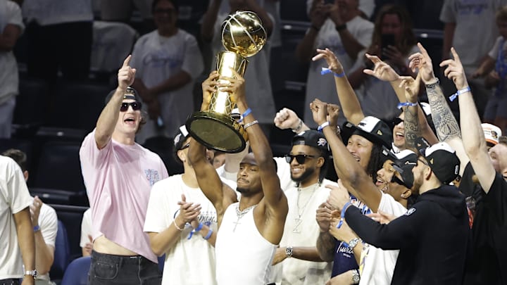 Jun 24, 2025; Oklahoma City, OK, USA; Oklahoma City Thunder guard Shai Gilgeous-Alexander (2) holds up the Larry OíBrien Championship Trophy during the Champions Opening Ceremony for the parade inside the Paycom Center. Mandatory Credit: Alonzo Adams-Imagn Images